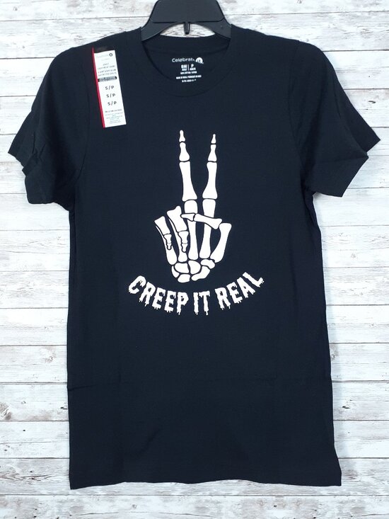 Celebrate It Other - Halloween Adult Crew Neck T-Shirt S Tee Creep It Real Skeleton Black 987A